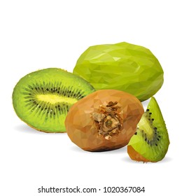 Fresh, nutritious and tasty kiwi. Symbols of fruits. Elements for label design. Vector illustration. Fruits ingredients in triangulation technique. Kiwi low poly.