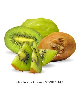 Fresh, nutritious and tasty kiwi. Symbols of fruits. Elements for label design. Vector illustration. Fruits ingredients in triangulation technique. Kiwi low poly.