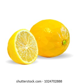 Fresh, nutritious and tasty lemon. Symbols of fruits. Elements for label design. Vector illustration. Fruits ingredients in triangulation technique. Lemon low poly.