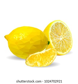Fresh, nutritious and tasty lemon. Symbols of fruits. Elements for label design. Vector illustration. Fruits ingredients in triangulation technique. Lemon low poly.