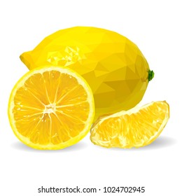 Fresh, nutritious and tasty lemon. Symbols of fruits. Elements for label design. Vector illustration. Fruits ingredients in triangulation technique. Lemon low poly.