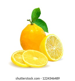 Fresh, nutritious and tasty lemon. Symbols of fruits. Elements for label design. Vector illustration. Fruits ingredients in triangulation technique. Lemon low poly.