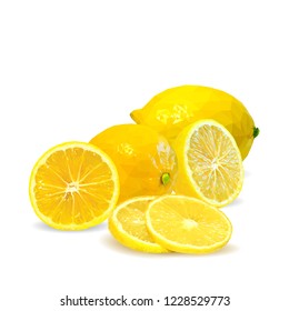Fresh, nutritious and tasty lemon. Symbols of fruits. Elements for label design. Vector illustration. Fruits ingredients in triangulation technique. Lemon low poly.