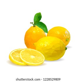 Fresh, nutritious and tasty lemon. Symbols of fruits. Elements for label design. Vector illustration. Fruits ingredients in triangulation technique. Lemon low poly.
