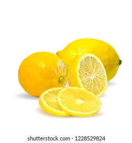 Fresh, nutritious and tasty lemon. Symbols of fruits. Elements for label design. Vector illustration. Fruits ingredients in triangulation technique. Lemon low poly.