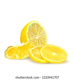 Fresh, nutritious and tasty lemon. Symbols of fruits. Elements for label design. Vector illustration. Fruits ingredients in triangulation technique. Lemon low poly.