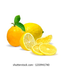 Fresh, nutritious and tasty lemon. Symbols of fruits. Elements for label design. Vector illustration. Fruits ingredients in triangulation technique. Lemon low poly.