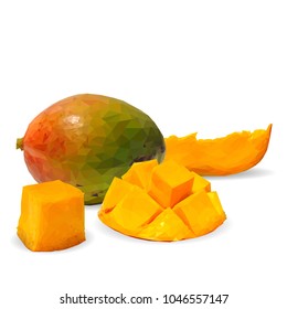 Fresh, nutritious and tasty mango. Symbols of fruits. Elements for label design. Vector illustration. Fruits ingredients in triangulation technique. Mango low poly.
