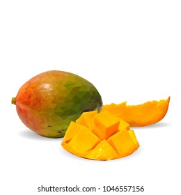 Fresh, nutritious and tasty mango. Symbols of fruits. Elements for label design. Vector illustration. Fruits ingredients in triangulation technique. Mango low poly.