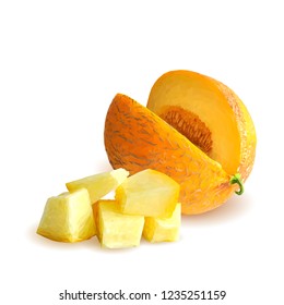 Fresh, nutritious and tasty melon. Symbols of berries. Elements for label design. Vector illustration. Berries ingredients in triangulation technique. Melon low poly.