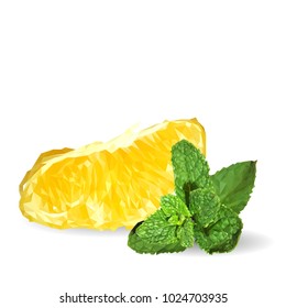 Fresh, nutritious and tasty mint with lemon. Symbols of fruits. Elements for label design. Vector illustration. Fruits ingredients in triangulation technique. Mint with lemon low poly. Mojito.