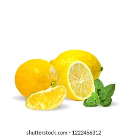 Fresh, nutritious and tasty mint with lemon. Symbols of fruits. Elements for label design. Vector illustration. Fruits ingredients in triangulation technique. Mint with lemon low poly. Mojito.