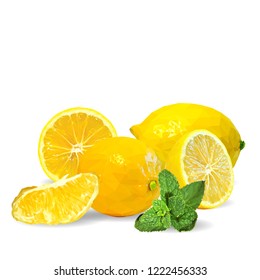 Fresh, nutritious and tasty mint with lemon. Symbols of fruits. Elements for label design. Vector illustration. Fruits ingredients in triangulation technique. Mint with lemon low poly. Mojito.