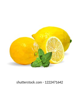 Fresh, nutritious and tasty mint with lemon. Symbols of fruits. Elements for label design. Vector illustration. Fruits ingredients in triangulation technique. Mint with lemon low poly. Mojito.