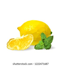 Fresh, nutritious and tasty mint with lemon. Symbols of fruits. Elements for label design. Vector illustration. Fruits ingredients in triangulation technique. Mint with lemon low poly. Mojito.