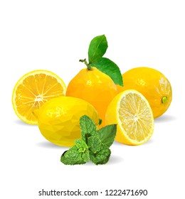 Fresh, nutritious and tasty mint with lemon. Symbols of fruits. Elements for label design. Vector illustration. Fruits ingredients in triangulation technique. Mint with lemon low poly. Mojito.