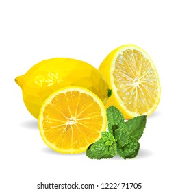 Fresh, nutritious and tasty mint with lemon. Symbols of fruits. Elements for label design. Vector illustration. Fruits ingredients in triangulation technique. Mint with lemon low poly. Mojito.