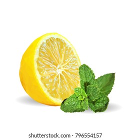 Fresh, nutritious and tasty mint with lemon. Symbols of fruits. Elements for label design. Vector illustration. Fruits ingredients in triangulation technique. Mint with lemon low poly. Mojito.