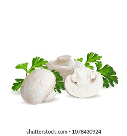 Fresh, nutritious, tasty mushrooms. Elements for pizza design. Vector illustration. Mushrooms ingredients in triangulation technique. Champignons with parsley low poly.