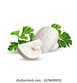 Fresh, nutritious, tasty mushrooms. Elements for pizza design. Vector illustration. Mushrooms ingredients in triangulation technique. Champignons with parsley low poly.
