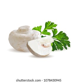 Fresh, nutritious, tasty mushrooms. Elements for pizza design. Vector illustration. Mushrooms ingredients in triangulation technique. Champignons with parsley low poly.