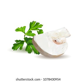 Fresh, nutritious, tasty mushrooms. Elements for pizza design. Vector illustration. Mushrooms ingredients in triangulation technique. Champignons with parsley low poly.