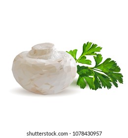 Fresh, nutritious, tasty mushrooms. Elements for pizza design. Vector illustration. Mushrooms ingredients in triangulation technique. Champignons with parsley low poly.