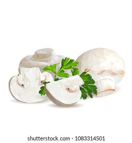 Fresh, nutritious, tasty mushrooms. Elements for pizza design. Vector illustration. Mushrooms ingredients in triangulation technique. Champignons with parsley low poly.