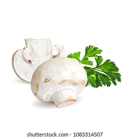 Fresh, nutritious, tasty mushrooms. Elements for pizza design. Vector illustration. Mushrooms ingredients in triangulation technique. Champignons with parsley low poly.