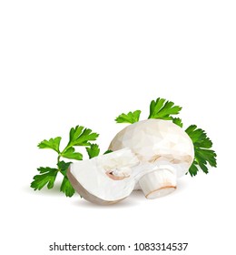 Fresh, nutritious, tasty mushrooms. Elements for pizza design. Vector illustration. Mushrooms ingredients in triangulation technique. Champignons with parsley low poly.