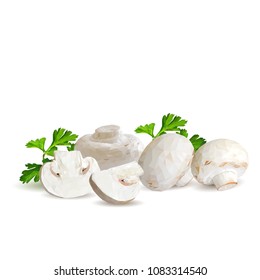 Fresh, nutritious, tasty mushrooms. Elements for pizza design. Vector illustration. Mushrooms ingredients in triangulation technique. Champignons with parsley low poly.