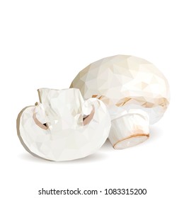 Fresh, nutritious, tasty mushrooms. Elements for pizza design. Vector illustration. Mushrooms ingredients in triangulation technique. Champignons low poly.