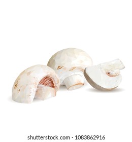 Fresh, nutritious, tasty mushrooms. Elements for pizza design. Vector illustration. Mushrooms ingredients in triangulation technique. Champignons low poly.