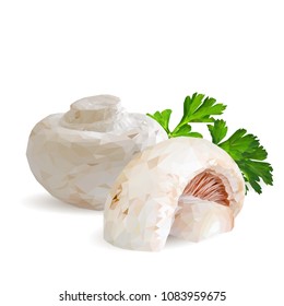 Fresh, nutritious, tasty mushrooms. Elements for pizza design. Vector illustration. Mushrooms ingredients in triangulation technique. Champignons with parsley low poly.