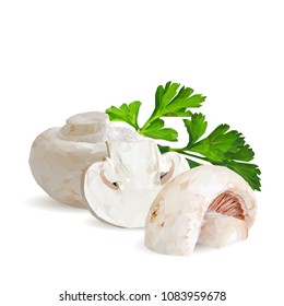 Fresh, nutritious, tasty mushrooms. Elements for pizza design. Vector illustration. Mushrooms ingredients in triangulation technique. Champignons with parsley low poly.