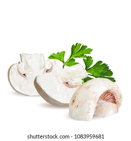 Fresh, nutritious, tasty mushrooms. Elements for pizza design. Vector illustration. Mushrooms ingredients in triangulation technique. Champignons with parsley low poly.