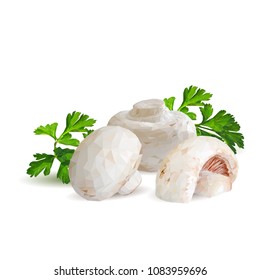 Fresh, nutritious, tasty mushrooms. Elements for pizza design. Vector illustration. Mushrooms ingredients in triangulation technique. Champignons with parsley low poly.