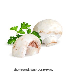 Fresh, nutritious, tasty mushrooms. Elements for pizza design. Vector illustration. Mushrooms ingredients in triangulation technique. Champignons with parsley low poly.
