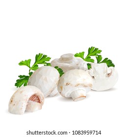 Fresh, nutritious, tasty mushrooms. Elements for pizza design. Vector illustration. Mushrooms ingredients in triangulation technique. Champignons with parsley low poly.