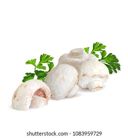 Fresh, nutritious, tasty mushrooms. Elements for pizza design. Vector illustration. Mushrooms ingredients in triangulation technique. Champignons with parsley low poly.