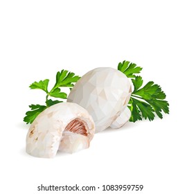 Fresh, nutritious, tasty mushrooms. Elements for pizza design. Vector illustration. Mushrooms ingredients in triangulation technique. Champignons with parsley low poly.