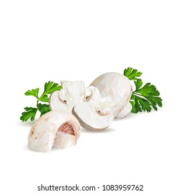 Fresh, nutritious, tasty mushrooms. Elements for pizza design. Vector illustration. Mushrooms ingredients in triangulation technique. Champignons with parsley low poly.