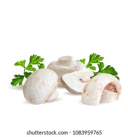 Fresh, nutritious, tasty mushrooms. Elements for pizza design. Vector illustration. Mushrooms ingredients in triangulation technique. Champignons with parsley low poly.
