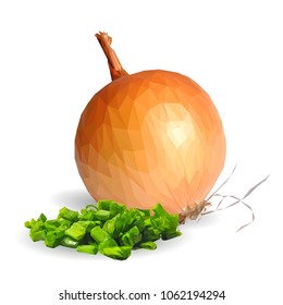 Fresh, nutritious, tasty onion. Green onion. Vector illustration. Vegetables ingredients in triangulation technique. Onion low poly.