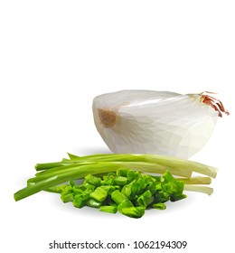 Fresh, nutritious, tasty onion. Green onion. Vector illustration. Vegetables ingredients in triangulation technique. Onion low poly.
