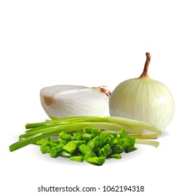 Fresh, nutritious, tasty onion. Green onion. Vector illustration. Vegetables ingredients in triangulation technique. Onion low poly.