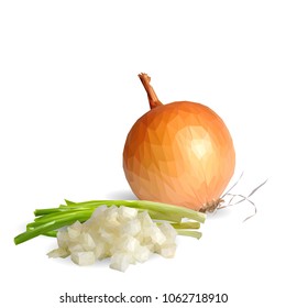 Fresh, nutritious, tasty onion. Green onion. Vector illustration. Vegetables ingredients in triangulation technique. Onion low poly.