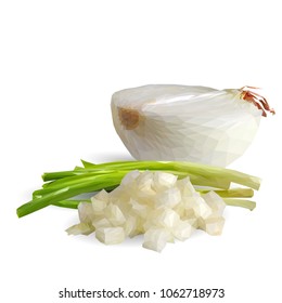 Fresh, nutritious, tasty onion. Green onion. Vector illustration. Vegetables ingredients in triangulation technique. Onion low poly.