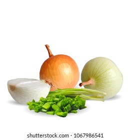 Fresh, nutritious, tasty onion. Green onion. Vector illustration. Vegetables ingredients in triangulation technique. Onion low poly.