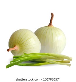 Fresh, nutritious, tasty onion. Green onion. Vector illustration. Vegetables ingredients in triangulation technique. Onion low poly.